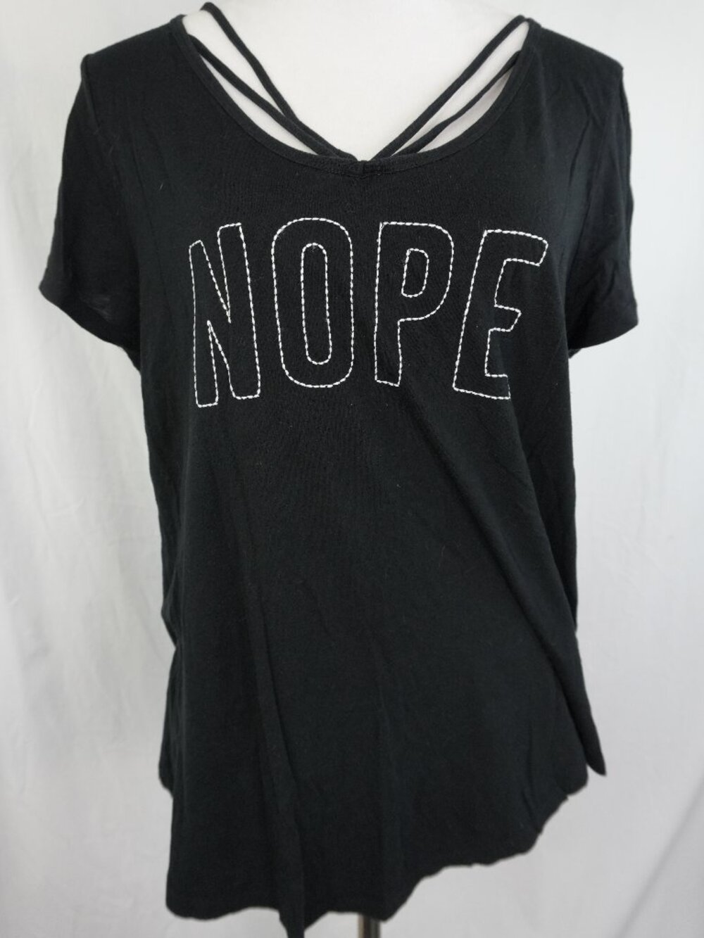 LNC Torrid Womens Size 0 Black Shirt White Stitched “NOPE” Short Sleeve Top